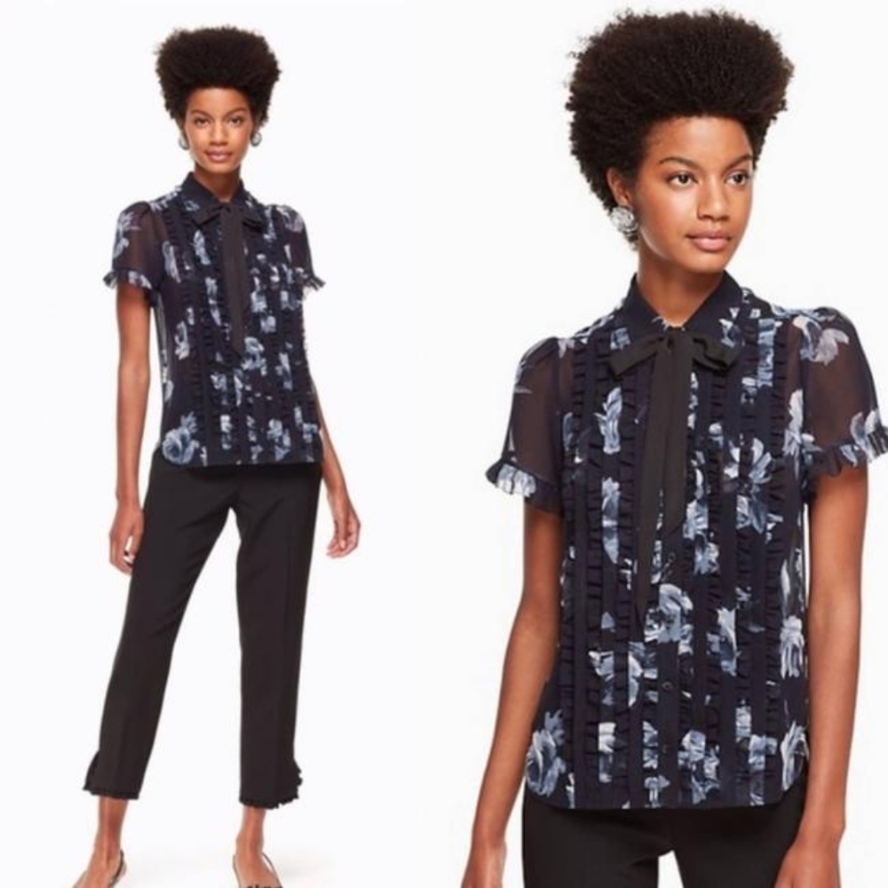 KATE SPADE NEW YORK NIGHT ROSE SHEER BLOUSE FLORAL BLACK BLUE